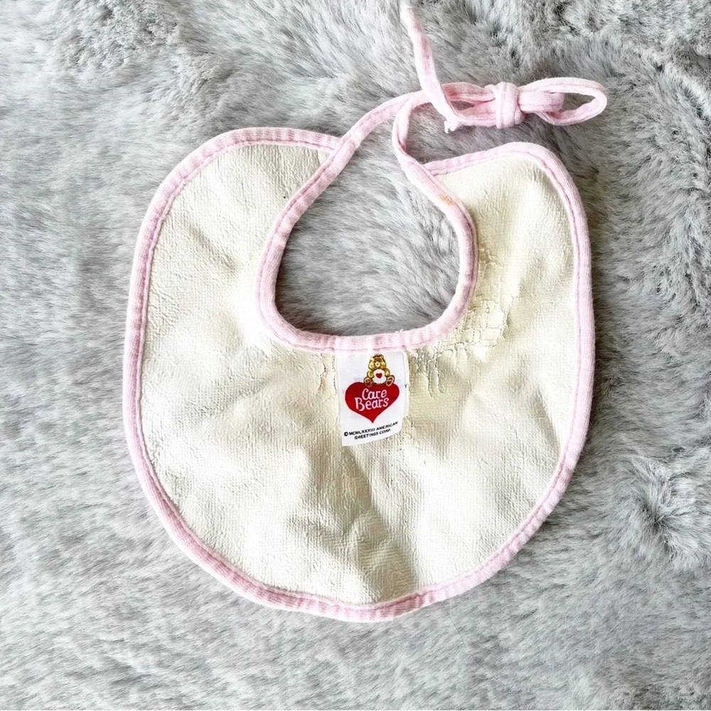 CARE BEARS Vintage Terrycloth Baby Bib “Cheer Bear” with Pink Edge